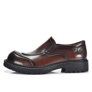 Mocasines para hombre en cuero marrón pulido de alta calidad con suela de goma gruesa