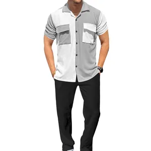 Men's casual two-piece outfit featuring a color-block corduroy shirt and black long pants.