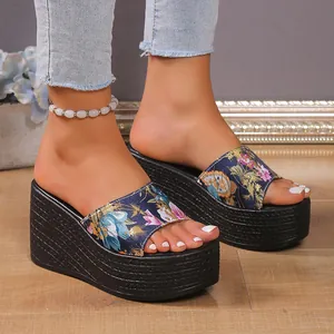 Detail view of stylish floral pattern wedge platform sandals for women summer fashion