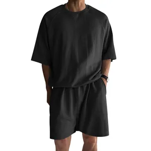Casual men's dark grey short sleeve t-shirt and shorts set shown on a model torso