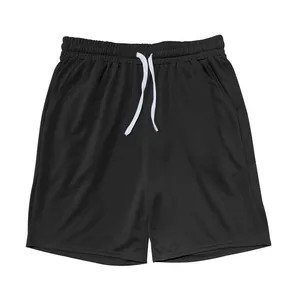 Close-up of black men's athletic shorts with white adjustable drawstring waist.