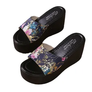 Stylish floral print wedge platform sandals with a high thick sole for summer
