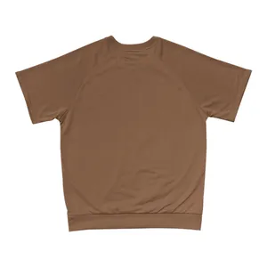 Back view of brown casual short sleeve sweatshirt with raglan sleeves and ribbed hem