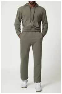 Full body view of a men's olive green casual sports hoodie and loose-fit sweatpants set