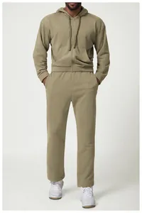 Full view of men's casual olive green tracksuit set featuring zip-up hoodie and pants