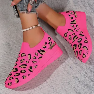 Detail view of stylish pink leopard print fly woven mesh slip-on sneakers for women