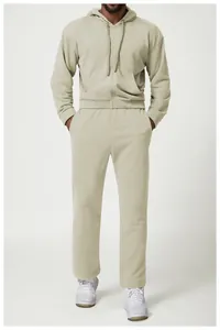 Detail view of men's beige casual tracksuit with zip-up hoodie and sweatpants