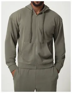 Felpa con cappuccio e zip da uomo verde oliva per sport, casa e tempo libero urbano.