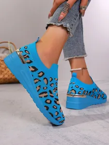 Blue leopard print knit wedge sneakers for women, stylish and breathable slip-on leisure shoes