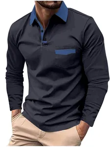 Polo à Manches Longues pour Hommes Patchwork Contrasté Col Rabattu Décontracté Coupe Large Haut en Polyester Avec Poche