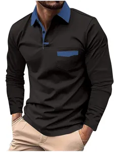 Polo à manches longues pour hommes noir avec col et poche contrastés bleu élégant