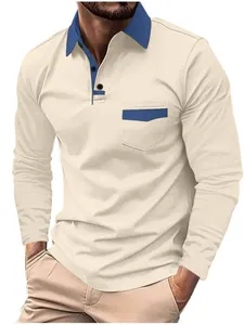 Polo décontracté à manches longues pour homme avec col contrasté et poche poitrine.