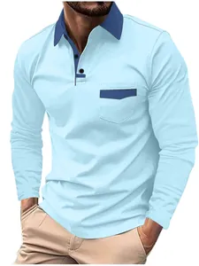 Polo à manches longues décontracté pour hommes avec col bleu et poche contrastée