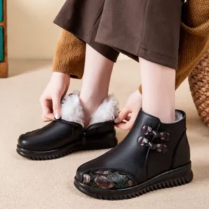 Mittleres Alter Damen Leder Winterstiefel Wollfutter Warm Rutschfeste Stiefeletten Blumenmuster Seitenreißverschluss Senioren Schuhe