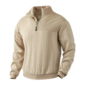 Herren American Retro Stehkragen Halbreißverschluss Sweatshirt Schweres Patchwork Zopfmuster Jacquard Langarm Pullover Lässig Top