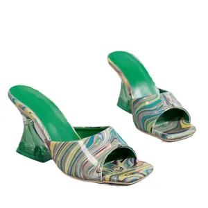 Stylish women's marble pattern high-heeled sandals with transparent green crystal heels