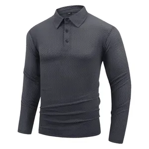 Detail shot of men's long-sleeve polo shirt with jacquard texture in charcoal