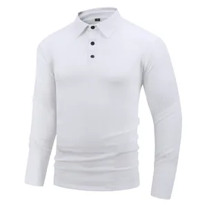 Detailed view of a men's white long sleeve polo shirt with textured jacquard pattern.