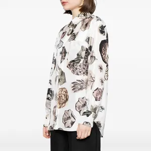 Elegant white botanical print long-sleeved button-up shirt for women with chest pocket