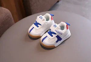 Breathable toddler mesh sneakers with blue accents and hook-and-loop straps.