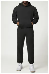 Full view of men's black sports tracksuit featuring a hoodie and matching joggers