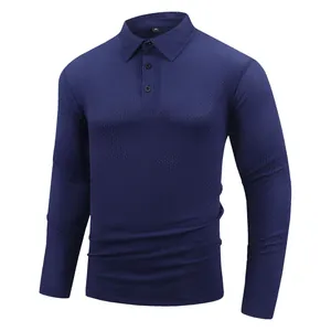 Close-up of navy blue long-sleeved men's polo shirt with textured jacquard waffle pattern