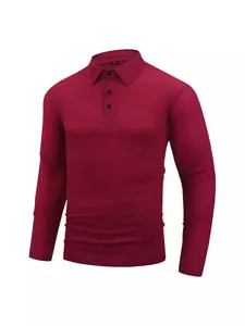 Men's maroon long sleeve polo shirt with textured jacquard pattern and slim fit design