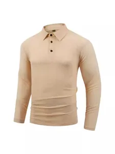 Elegant men's long-sleeve jacquard polo shirt in apricot with textured grid pattern