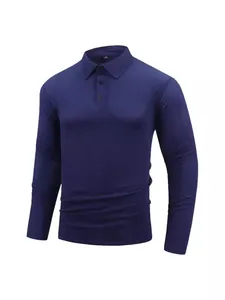 Men's navy blue long sleeve polo shirt with high-stretch jacquard grid texture