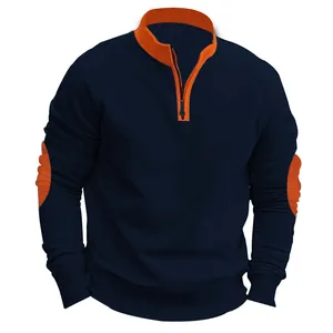 Vooraanzicht van donkerblauw colorblock sweatshirt met halve rits en oranje elleboogstukken