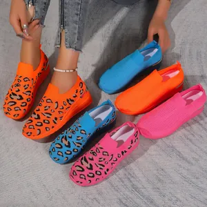 Vibrant leopard print and solid color fly-woven mesh slip-on sneakers with wedge heels