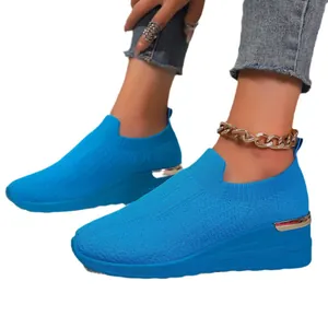 Bright blue women's fly-knit breathable wedge sneakers comfortable slip-on walking shoes