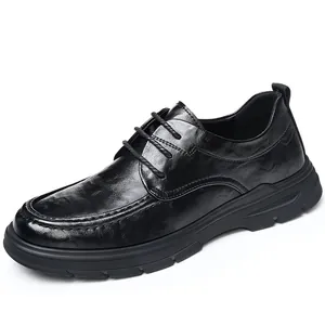 Chaussures décontractées en cuir véritable noir pour hommes avec semelle épaisse