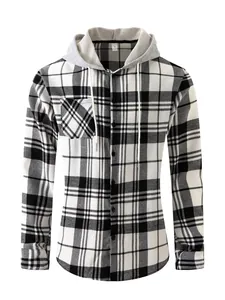 Camisa informal de franela a cuadros blancos y negros con capucha y bolsillo