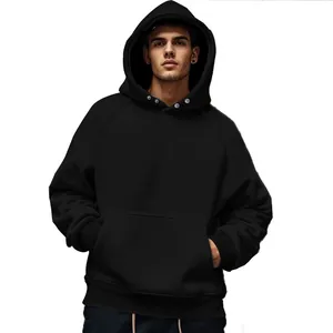 Close-up of a men's black fleece-lined hoodie featuring a kangaroo pocket and snap hood.