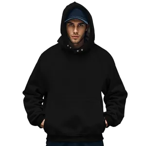 Front view of men's black fleece-lined hoodie with kangaroo pocket and drawstring hood