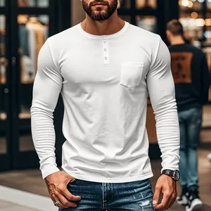 Detailed view of men's slim fit white long sleeve Henley shirt with chest pocket