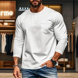 Detailed view of men's white long-sleeve Henley shirt featuring a functional chest pocket
