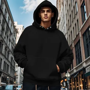 Black men's fleece hoodie with button-neck collar and pocket in urban city street