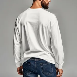 Detail view of the back of a premium white long-sleeve crew neck T-shirt for men.