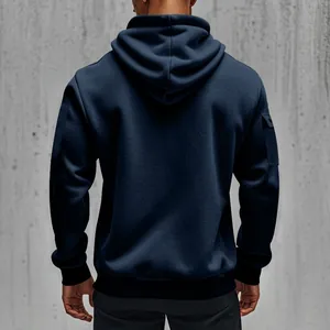 Detailed back view of navy blue men's hoodie with functional sleeve pocket