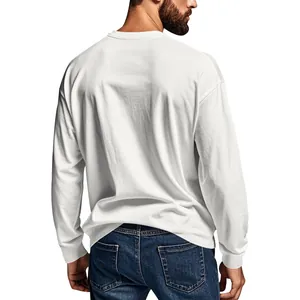 Back view detail of a men's white long sleeve crew neck t-shirt in a slim fit
