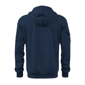 Detailed back view of a men's navy blue athletic hoodie with functional sleeve pocket