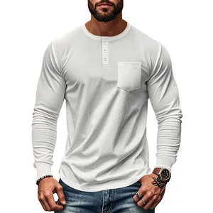 Men's slim fit white long sleeve Henley shirt with pocket and casual button neck