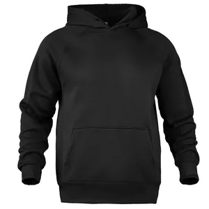 Close-up of a men's black fleece-lined hoodie featuring a front kangaroo pocket.
