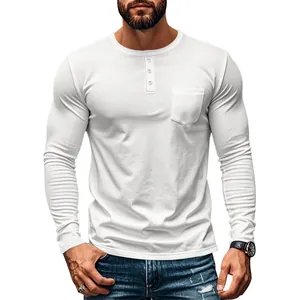 Men's slim fit white long sleeve Henley t-shirt featuring a casual front pocket detail