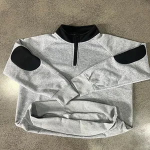 Zwaargewicht grijs sweatshirt met halve rits, zwarte contrastkraag en elleboogstukken