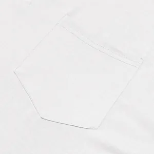 Close-up of the front pocket stitching on a white men's long-sleeve T-shirt