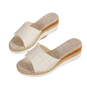 Mules à talons compensés en lin beige avec détails en corde tressée pour femmes