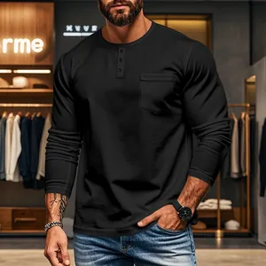 Men's casual slim fit long sleeve black Henley T-shirt with chest pocket detail